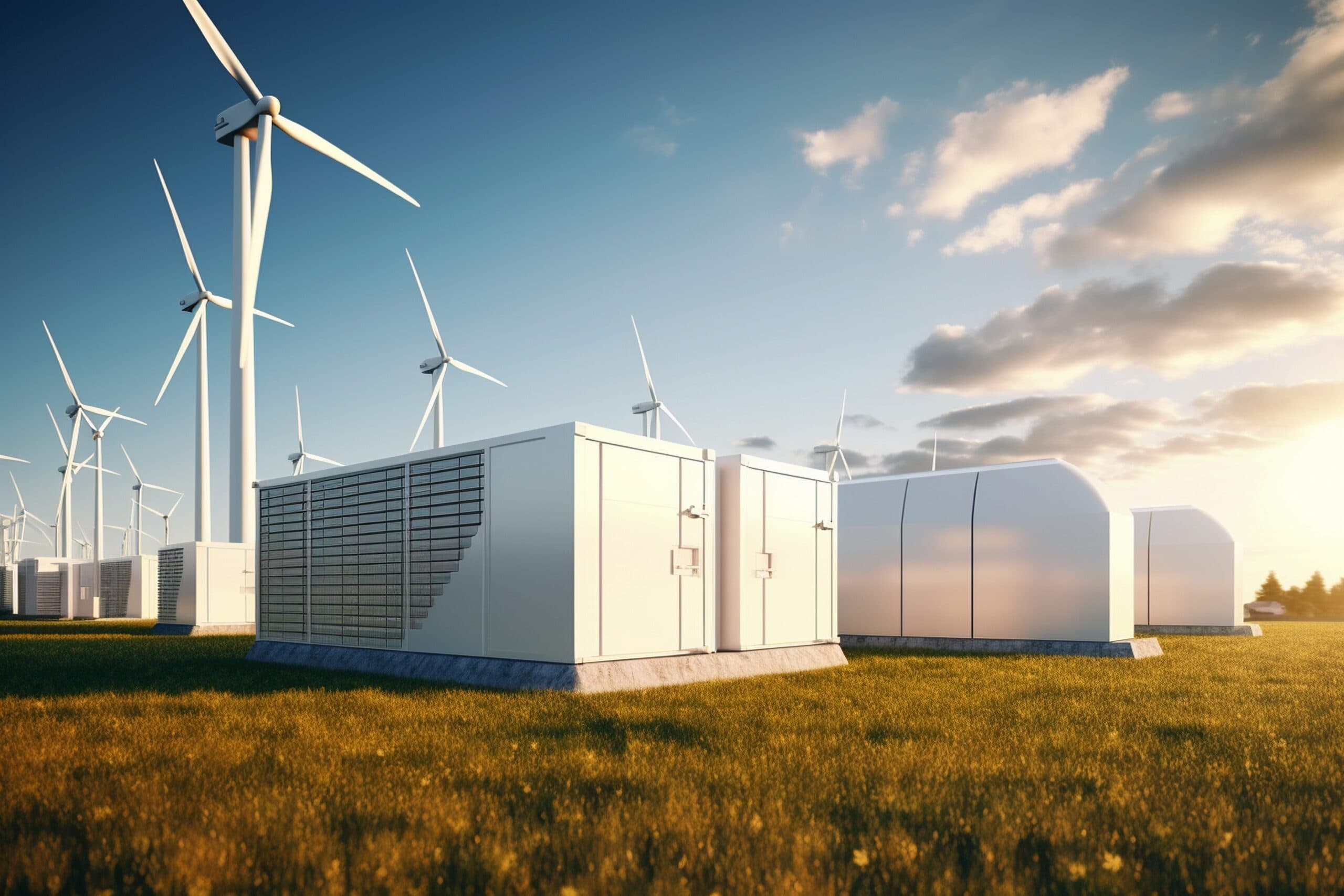 Battery energy storage containers beside wind turbines in a golden field at sunset